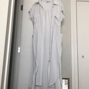 Mid shin length striped button down short dress